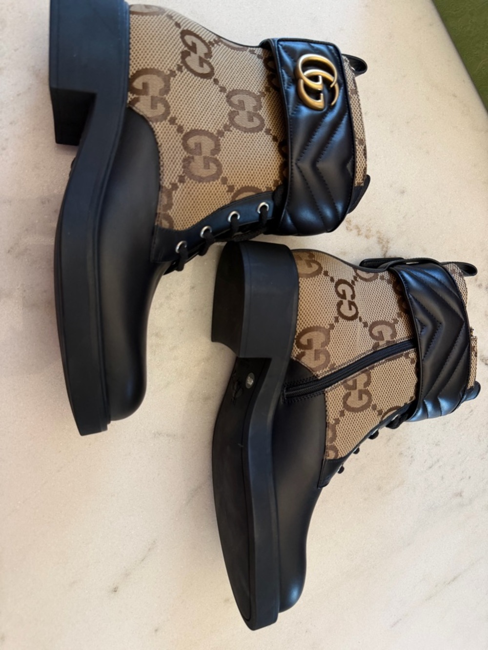 Gucci GG Canvas & Black Leather Ankle Boots with Gold GG Logo.GUCCI Luxury Boots - Picture 11 of 15